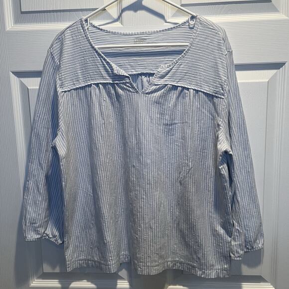 Lands' End Tops - Lands End Striped Slub Top Size Large 3/4 Sleeve V-Neck 100% Cotton Casual